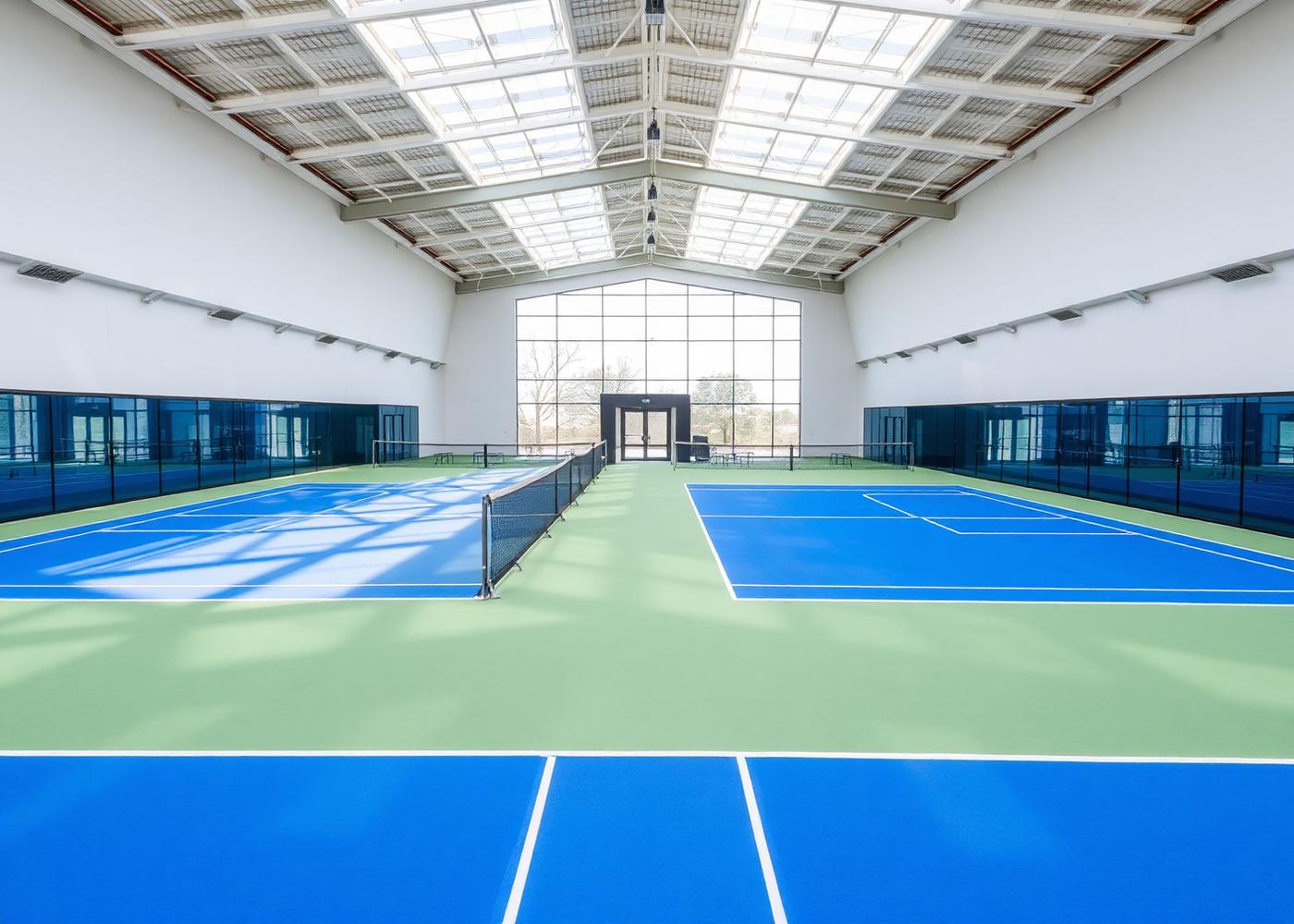 Het indoorcomplex van Padel Club Breda met meerdere glazen padelbanen