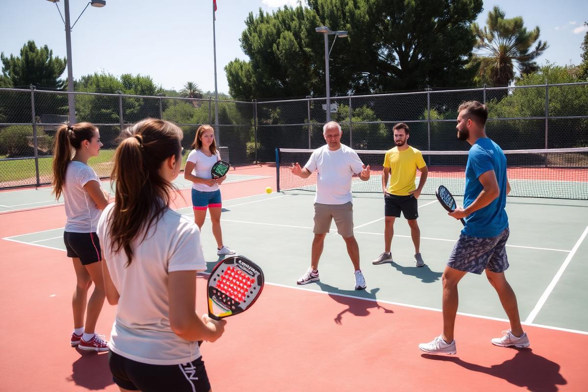 Padeltrainer geeft uitleg aan een groep cursisten op de baan